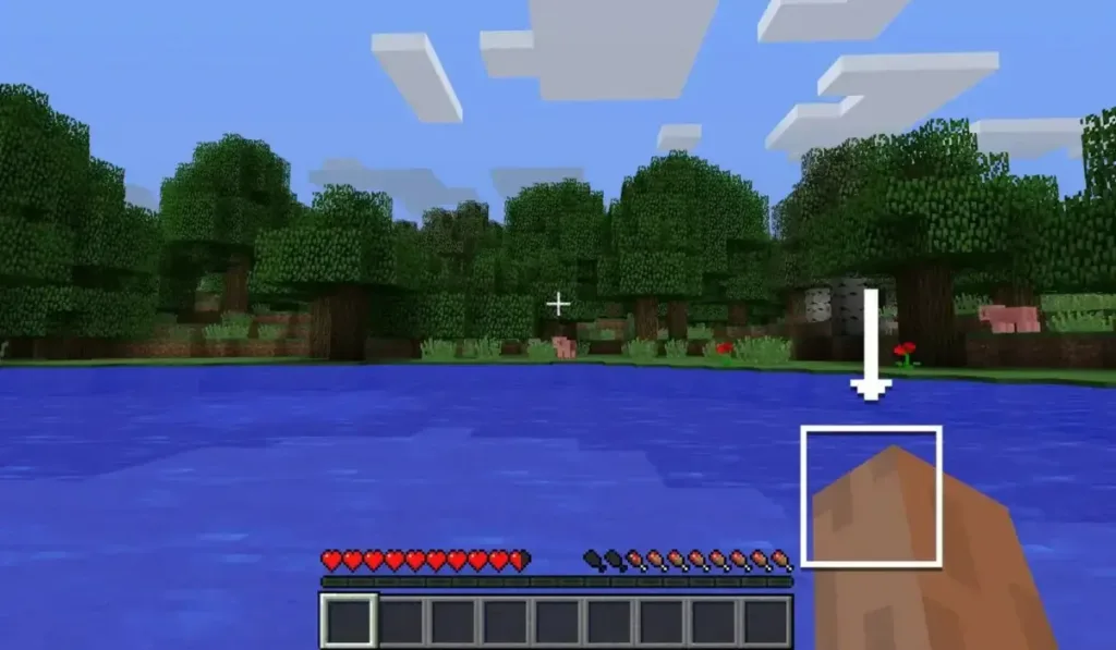 A Minecraft game screen shows a first-person view over water toward a forested shoreline, with health and hunger bars at the bottom. Experience this scene yourself—Download Minecraft APK for free and explore endless adventures.